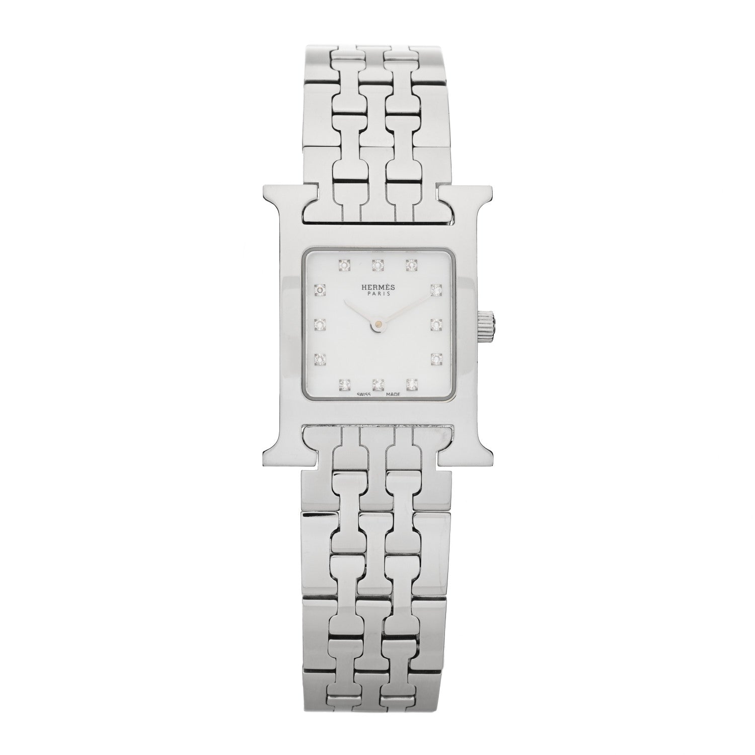 Hermes Stainless Steel Diamond Mother of Pearl 21mm Heure H Hour Quartz Watch 1 of 4