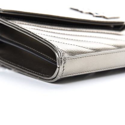 Saint Laurent Metallic Grain De Poudre Matelasse Chevron Monogram Chain Wallet Piombo 9 of 11