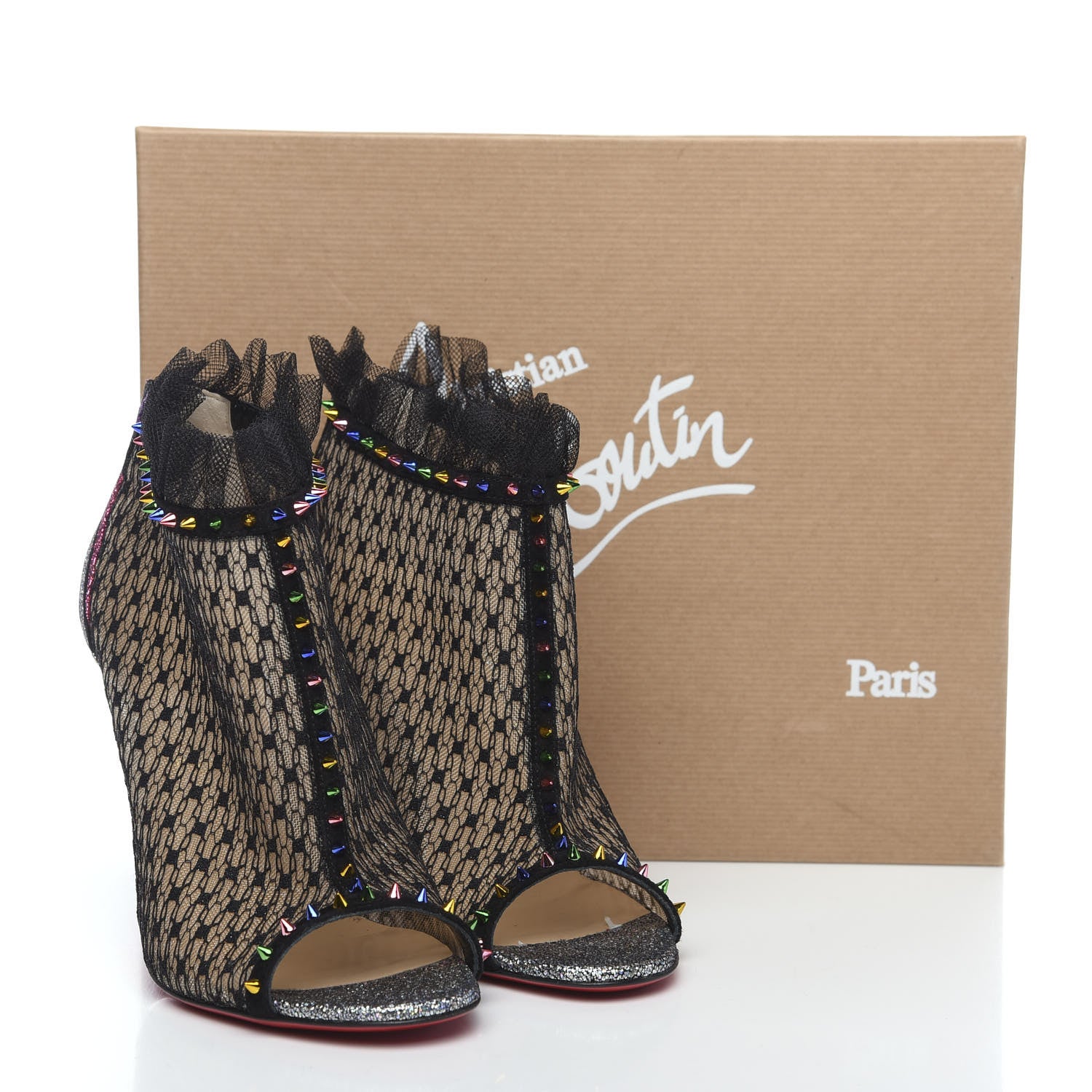 Christian Louboutin Rete Stripy Glitter Spike Juliettra 100 Ankle Peep Toe Boots 37.5 Black Multicolor 8 of 8