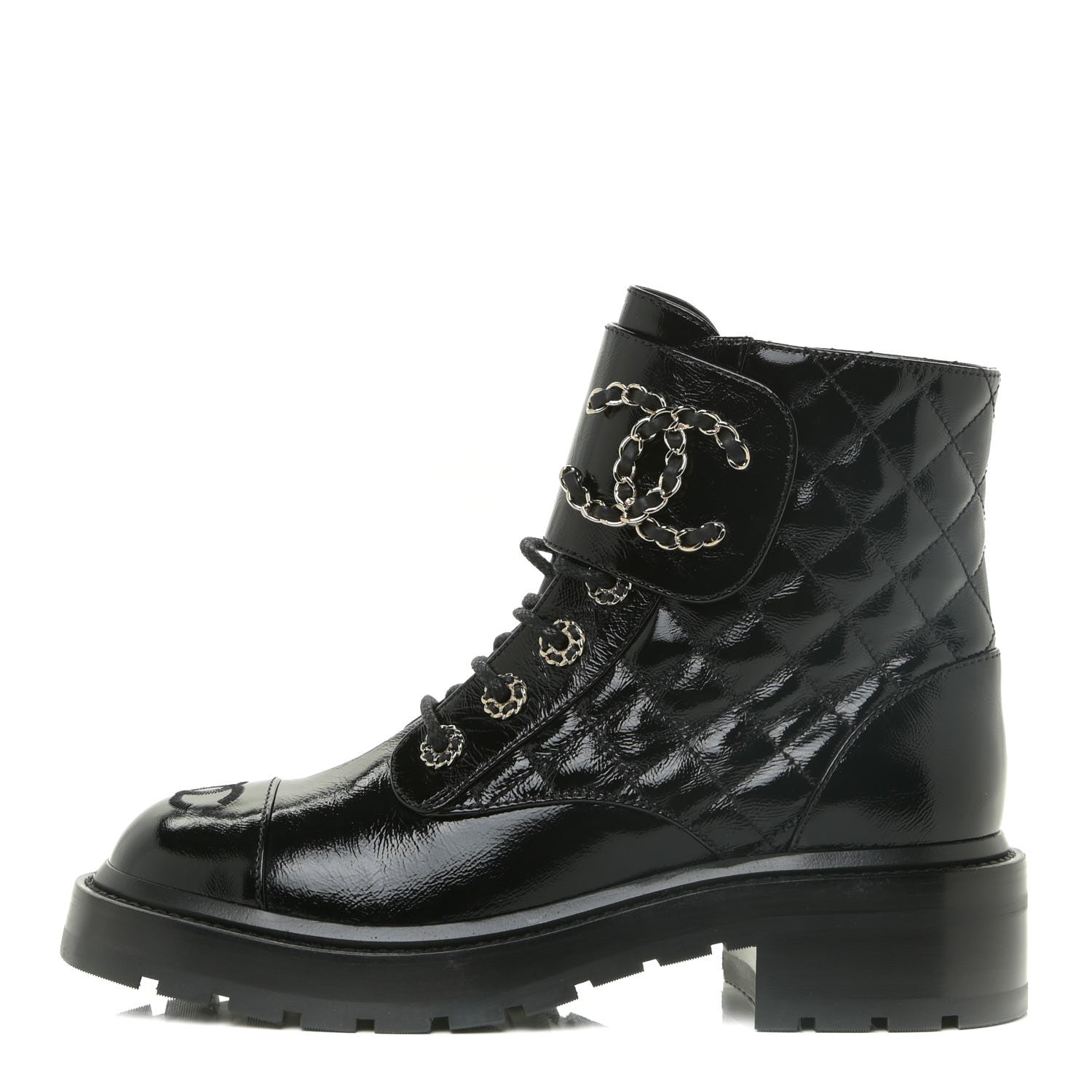Chanel Shiny Calfskin Quilted Lace Up Combat Boots 36.5 Black 1 of 12