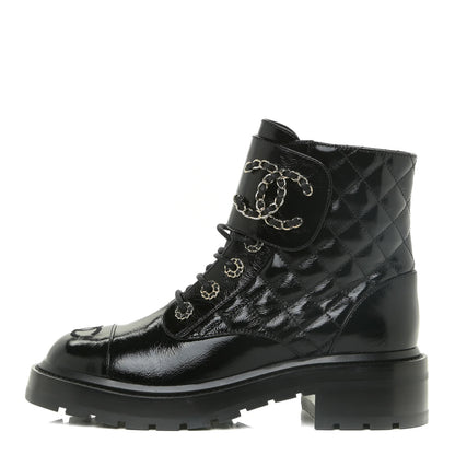 Chanel Shiny Calfskin Quilted Lace Up Combat Boots 36.5 Black 1 of 12
