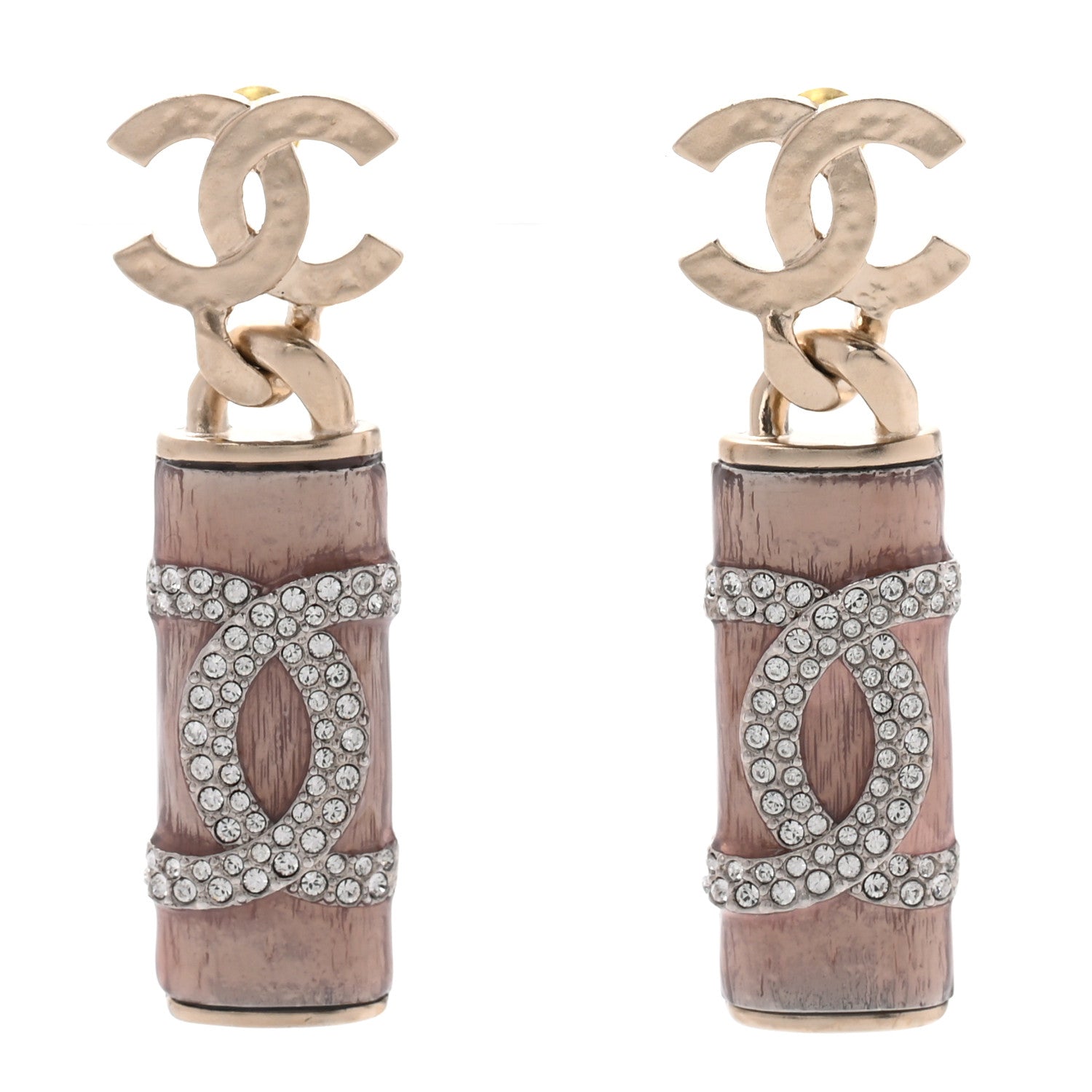 Chanel Hammered Metal Crystal CC Drop Earrings Pink Gold Silver 1 of 5