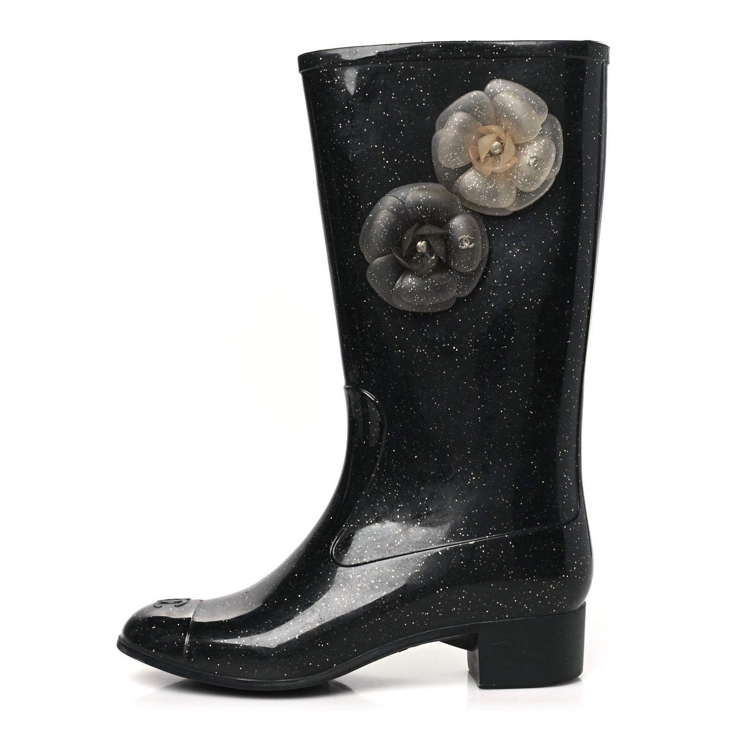 Rubber Glitter Camellia Rain Boots 38 Black