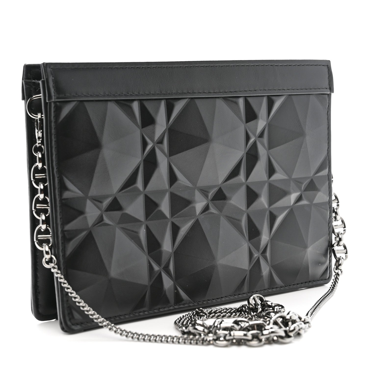 Christian Dior Calfskin Macrocannage Diamond Caro Zipped Pouch With Chain Black 3 of 10