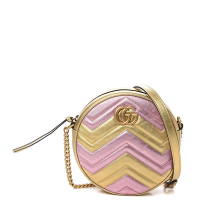 Gucci Metallic Calfskin Matelasse Mini GG Marmont Round Shoulder Bag Gold Pink 1 of 10