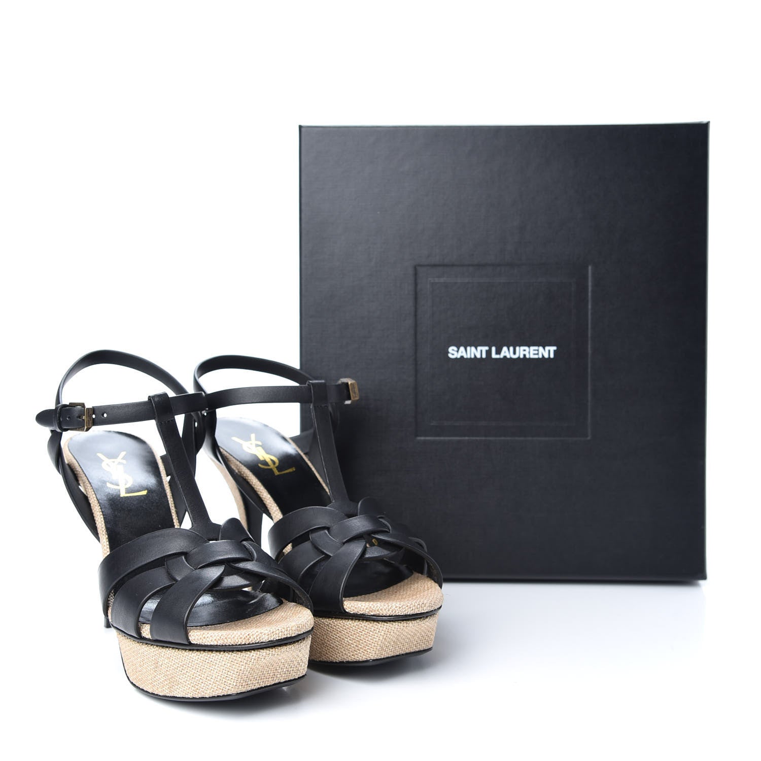 Saint Laurent Calfskin Canvas Tribute 75 Platform Sandals 38 Black 11 of 11