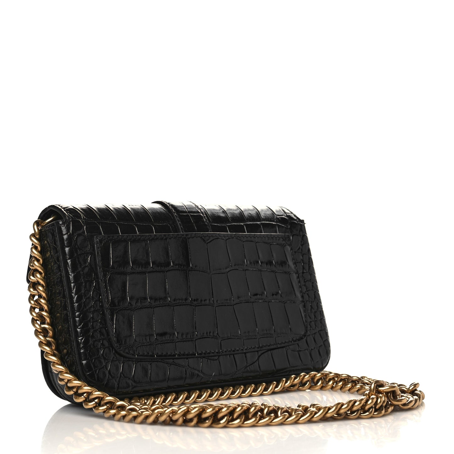 Shiny Super Supple Calfskin Crocodile Embossed Minister Flap Bag XS Black