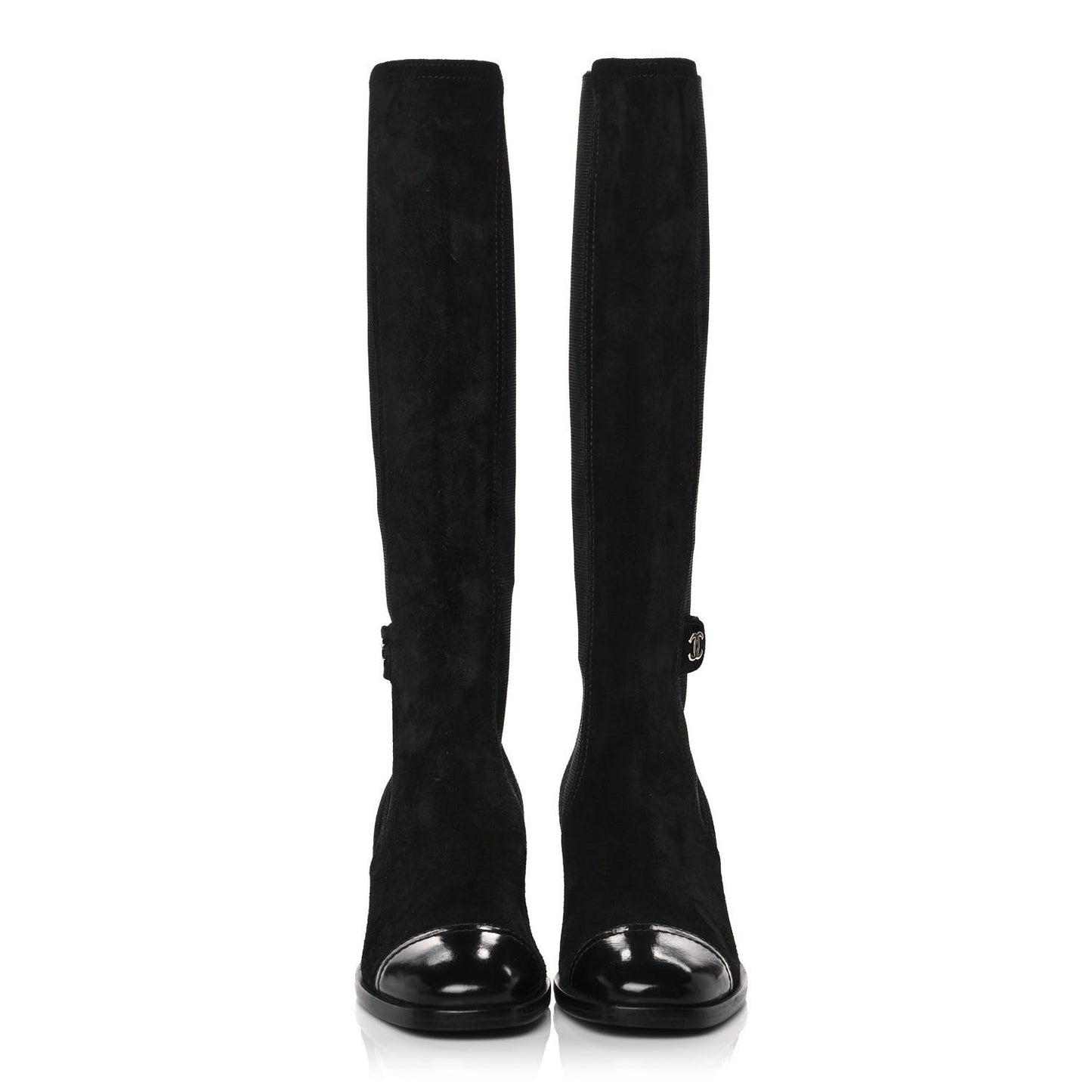 Suede Patent Calfskin CC Cork Cap Toe Tall Boots 38 Black