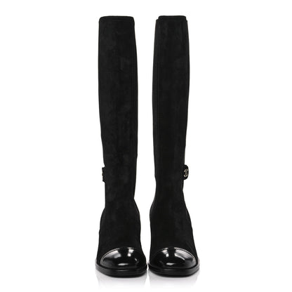 Chanel Suede Patent Calfskin CC Cork Cap Toe Tall Boots 38 Black 2 of 8