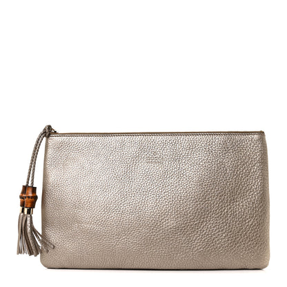 Gucci Metallic Pebbled Calfskin Large Bamboo Clutch Gold 2 of 13