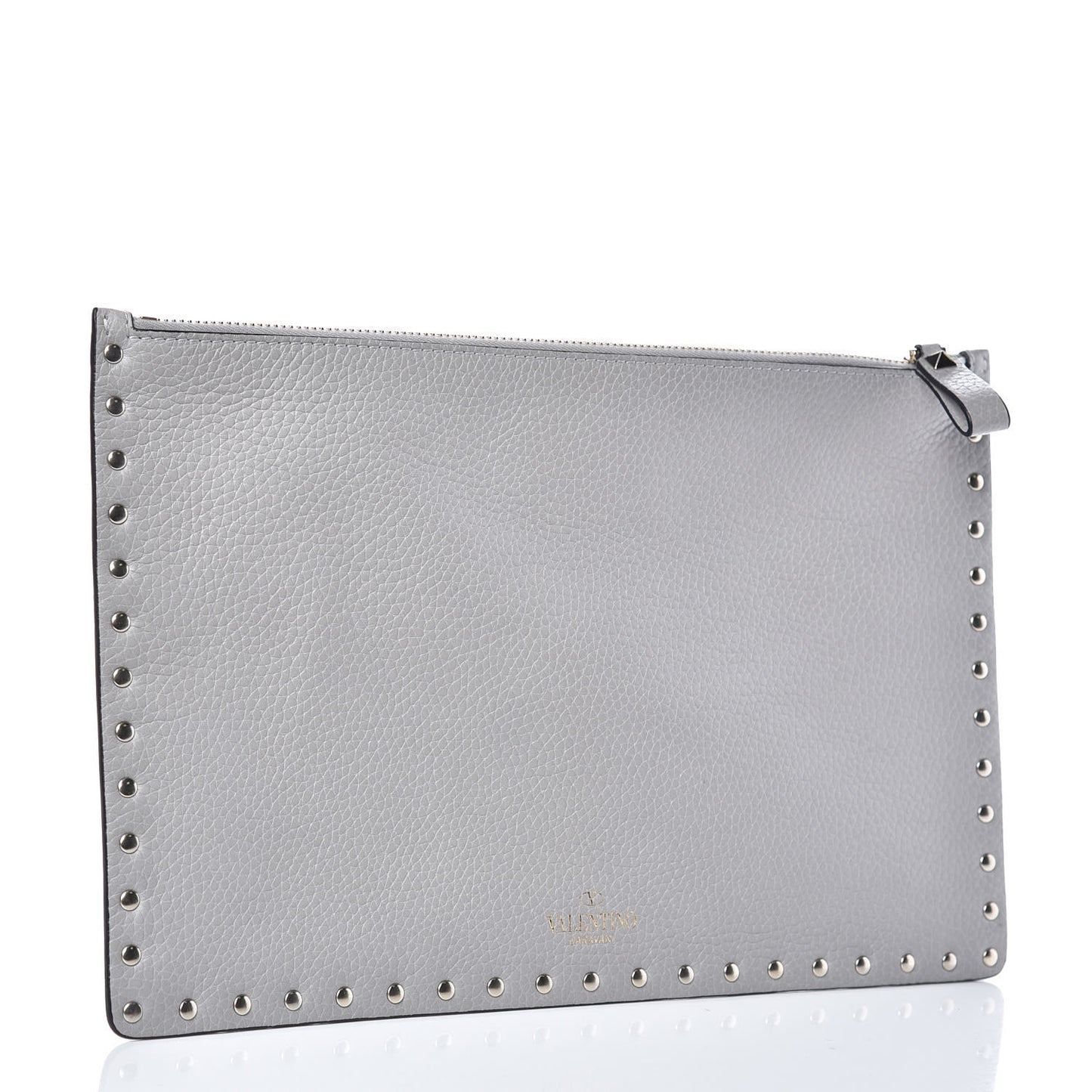 Pebbled Calfskin Large Rockstud Zip Pouch Pastel Grey