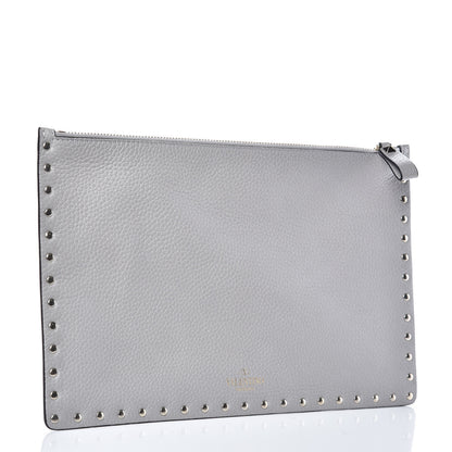 Valentino Garavani Pebbled Calfskin Large Rockstud Zip Pouch Pastel Grey 3 of 8