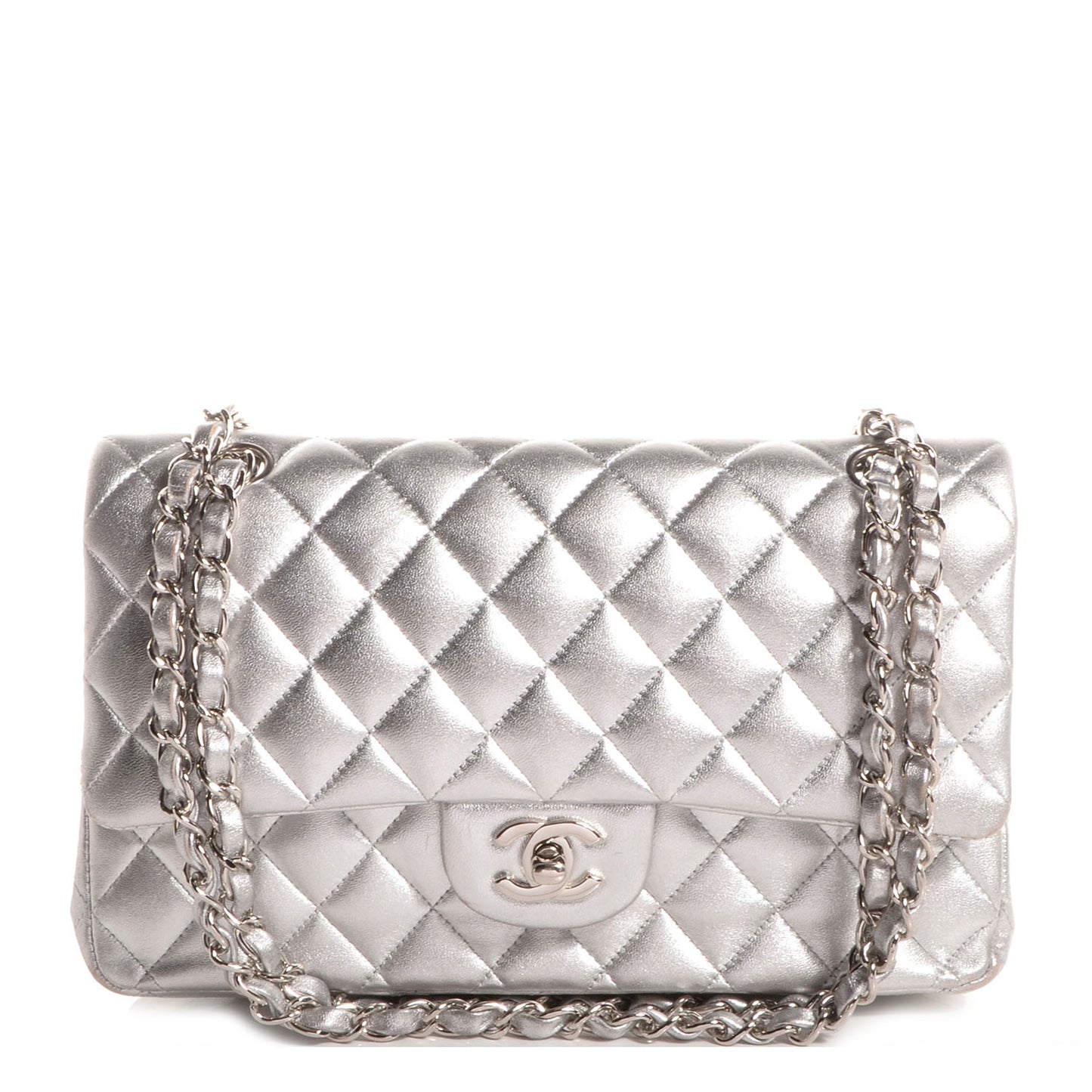 Lambskin Medium Double Flap Silver