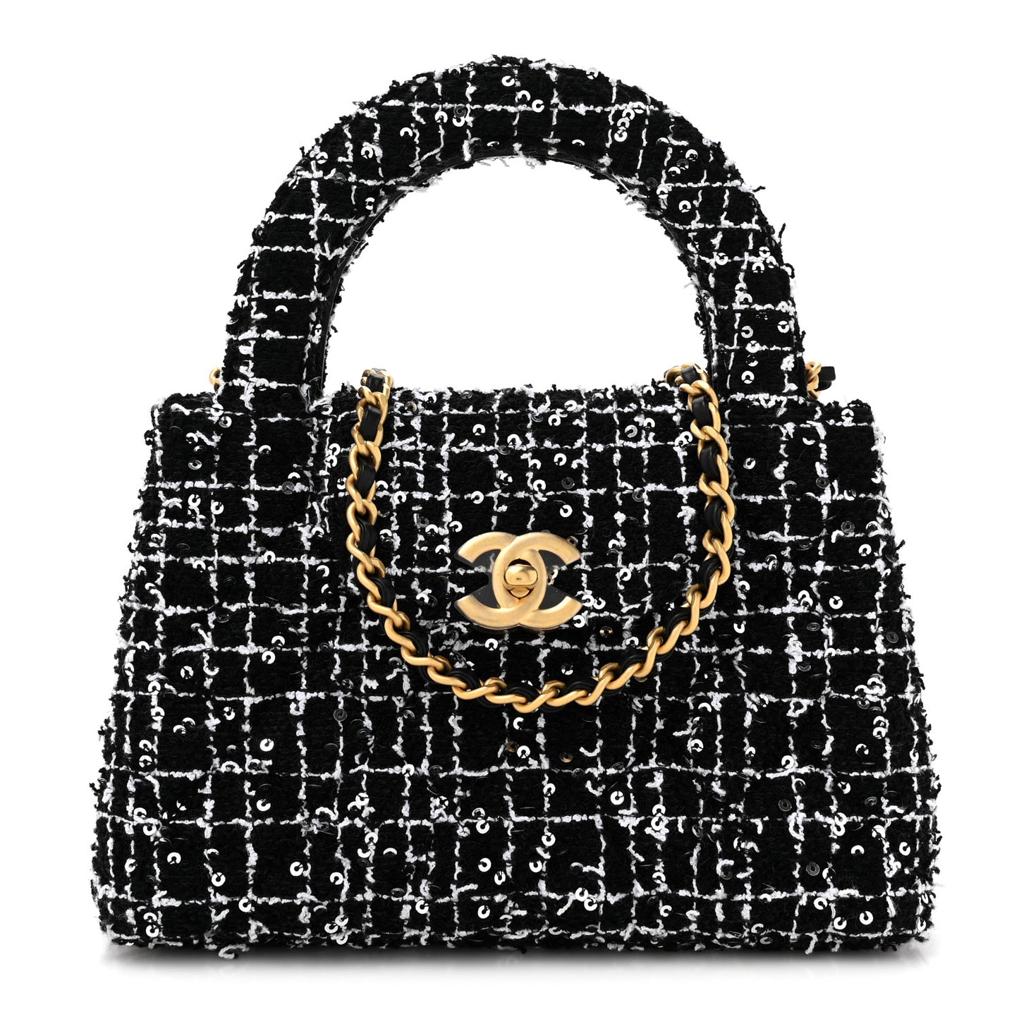 Tweed Quilted Nano Kelly Shopper Black White