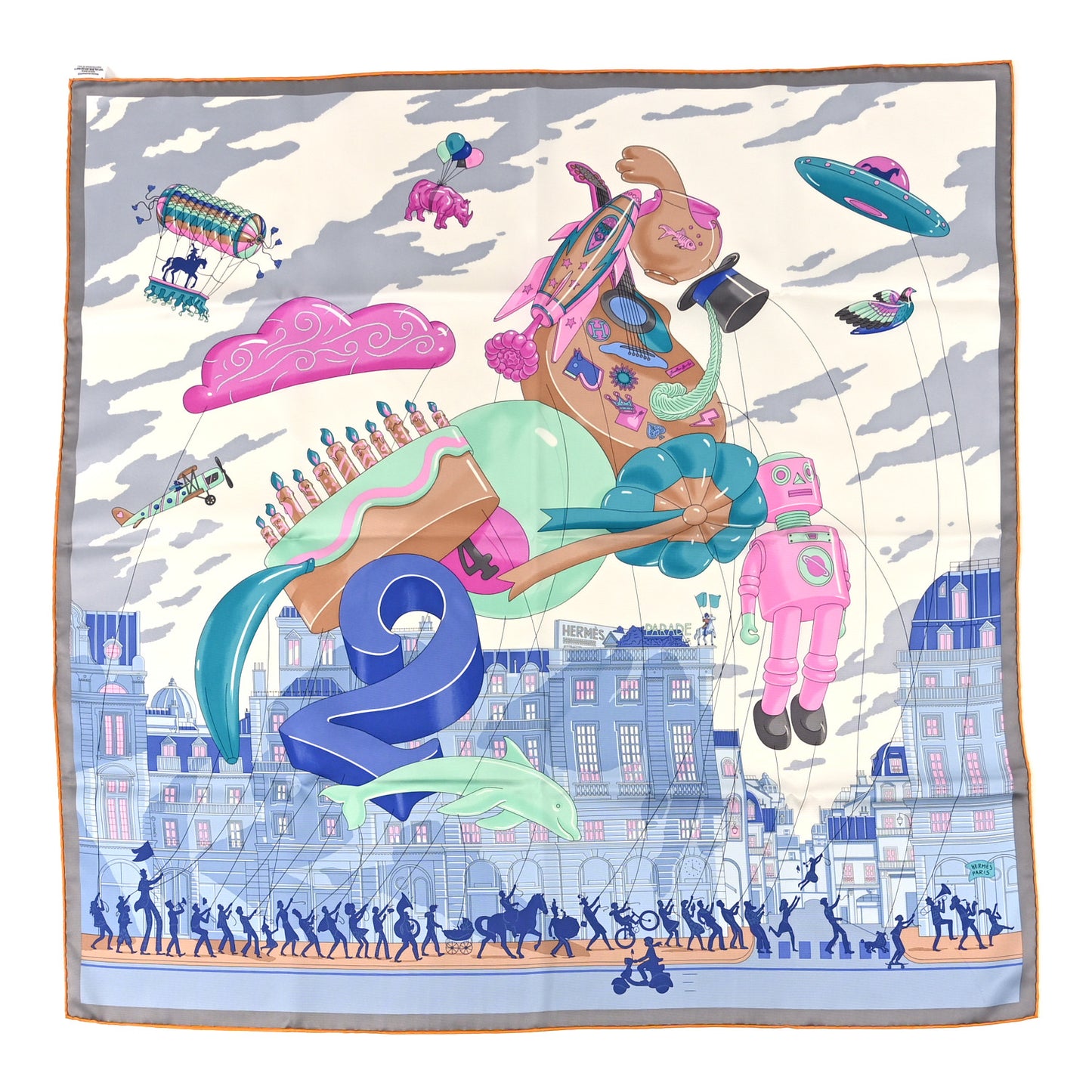Silk Parade Scarf 90 White Bleu Rose