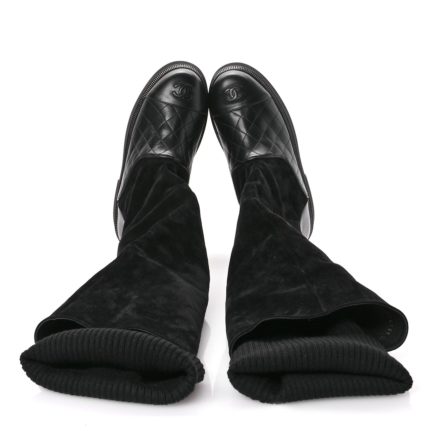 CHANELブーツ37 Chanel Suede Lambskin Calfskin Knit Womens High Boots 37 Black