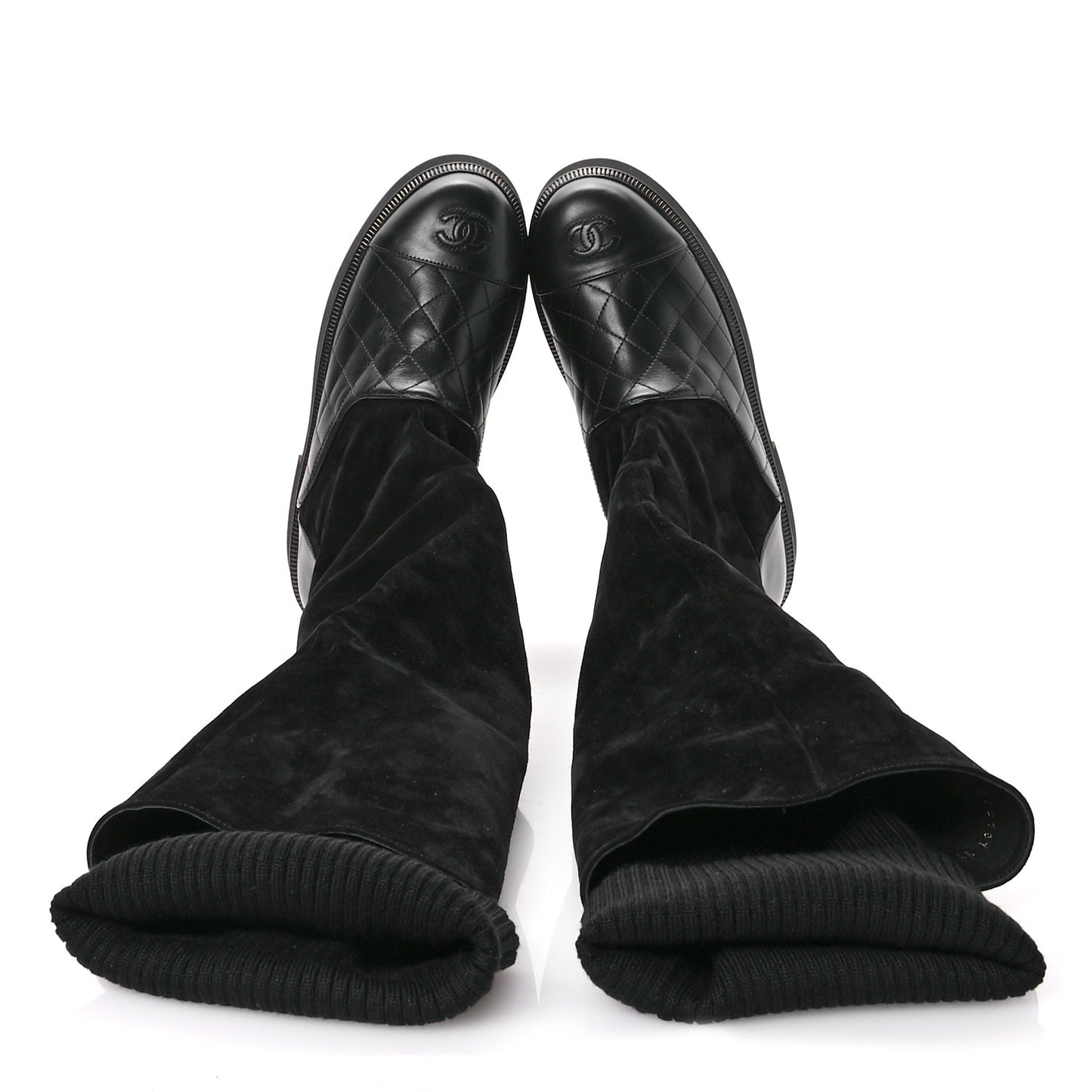 Suede Lambskin Calfskin Knit Womens High Boots 37 Black
