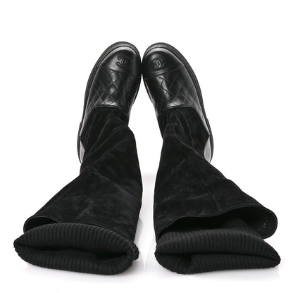 Chanel Suede Lambskin Calfskin Knit Womens High Boots 37 Black 2 of 8