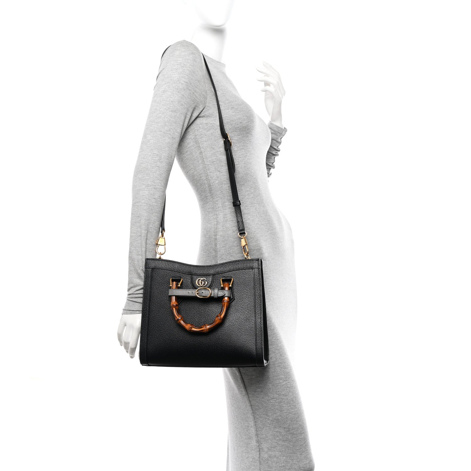 Gucci Textured Dollar Calfskin Web Small Diana Tote Bag Black Dusty Grey 2 of 10