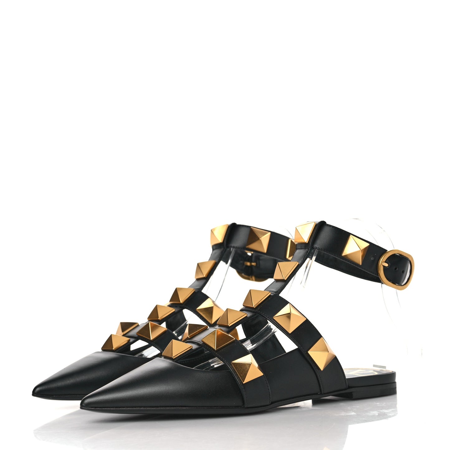 Calfskin Roman Stud Ankle Strap Flat Mules 36 Black