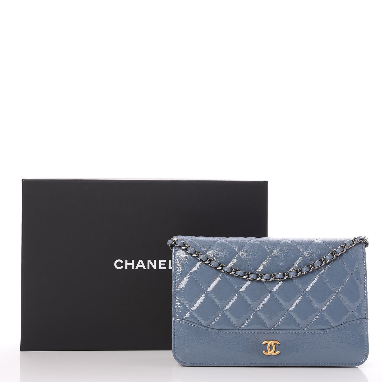 Patent Goatskin Quilted Gabrielle Wallet On Chain WOC Blue