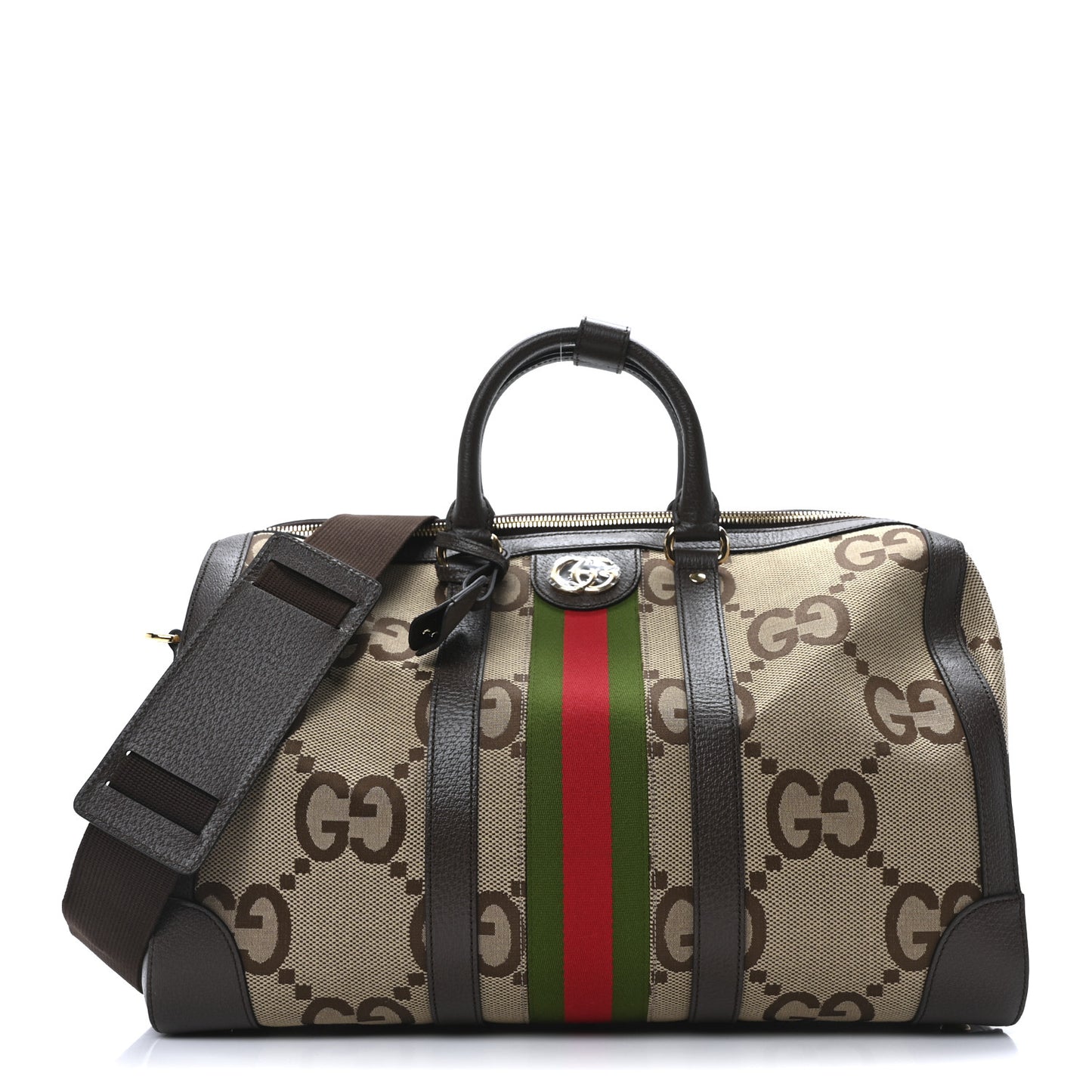 Monogram Jumbo GG Textured Dollar Calfskin Web Medium Duffle Bag Camel Ebony