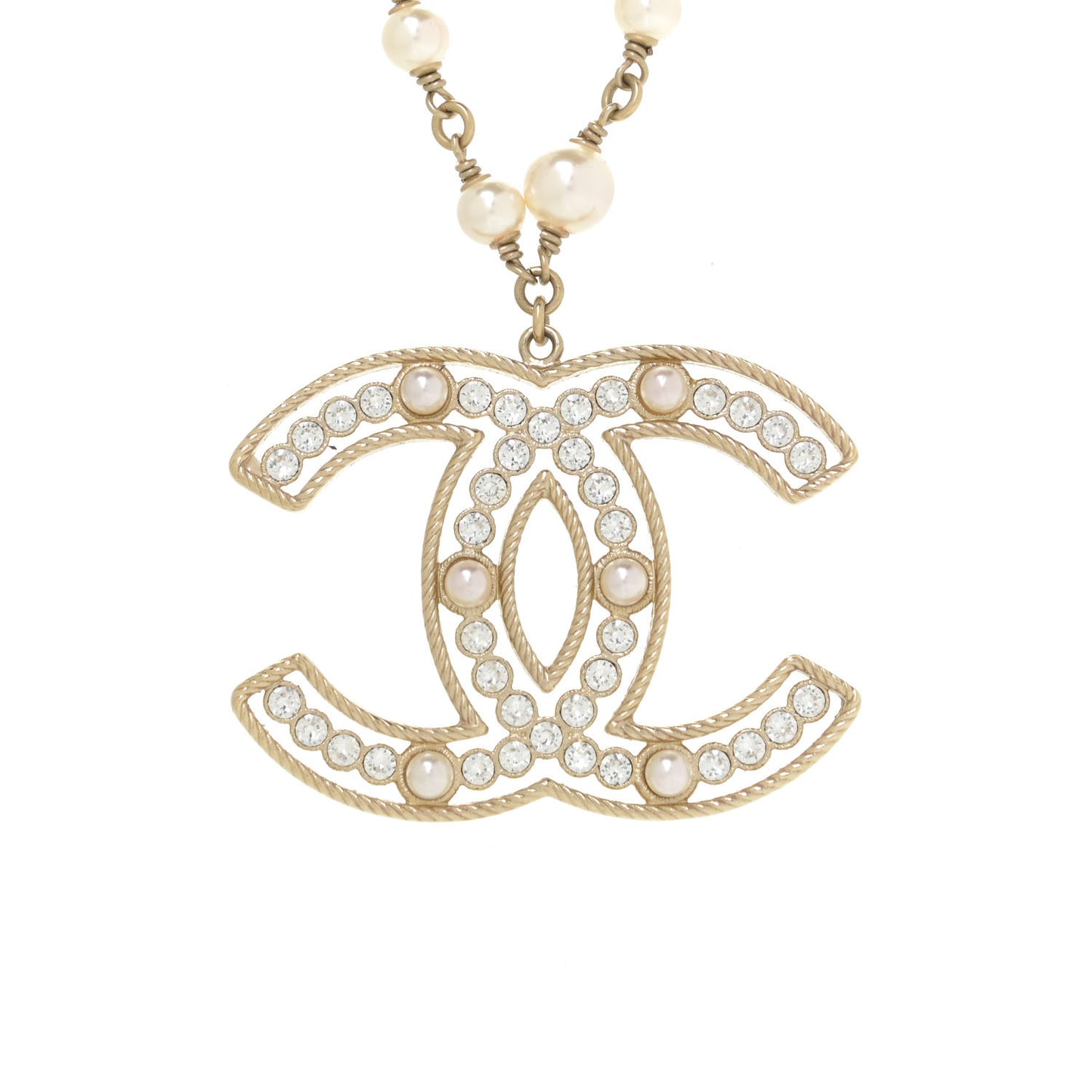 Crystal Baguette Pearl CC Cross Pendant Necklace Gold