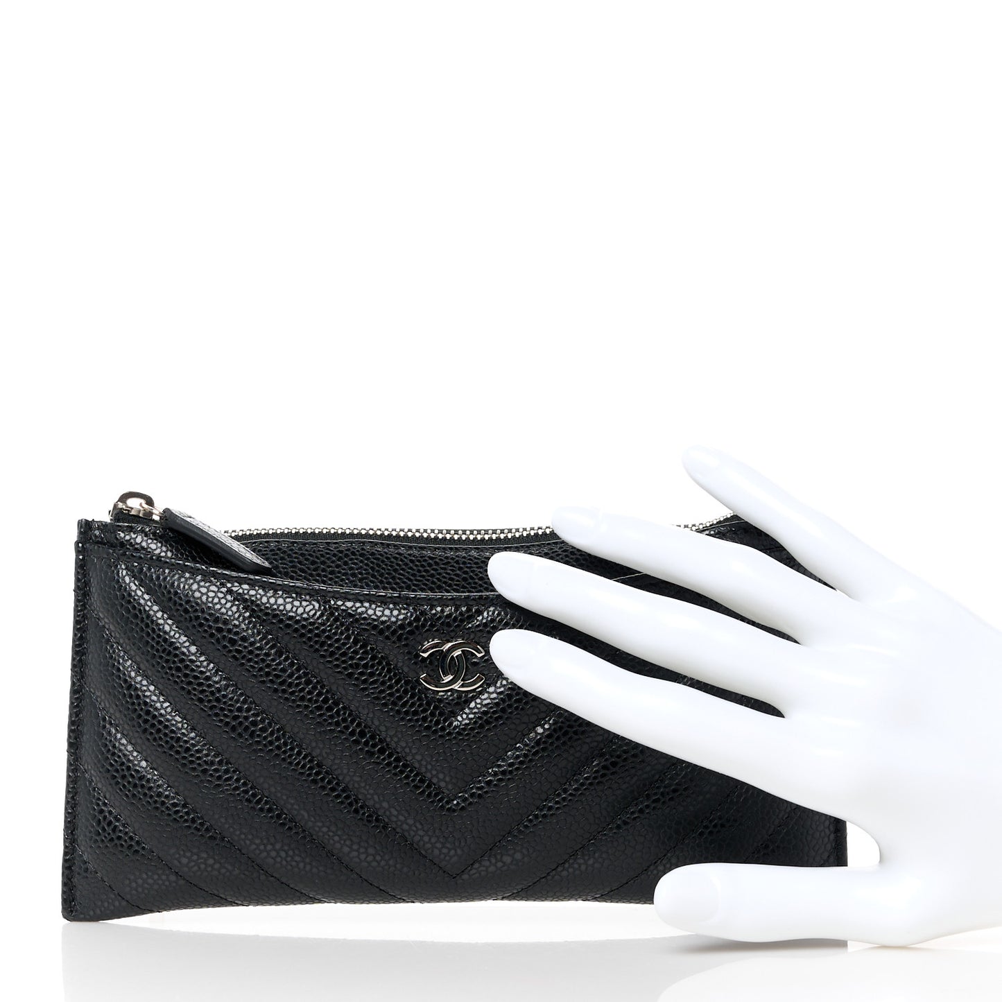 Caviar Chevron Quilted Zip Pouch Black