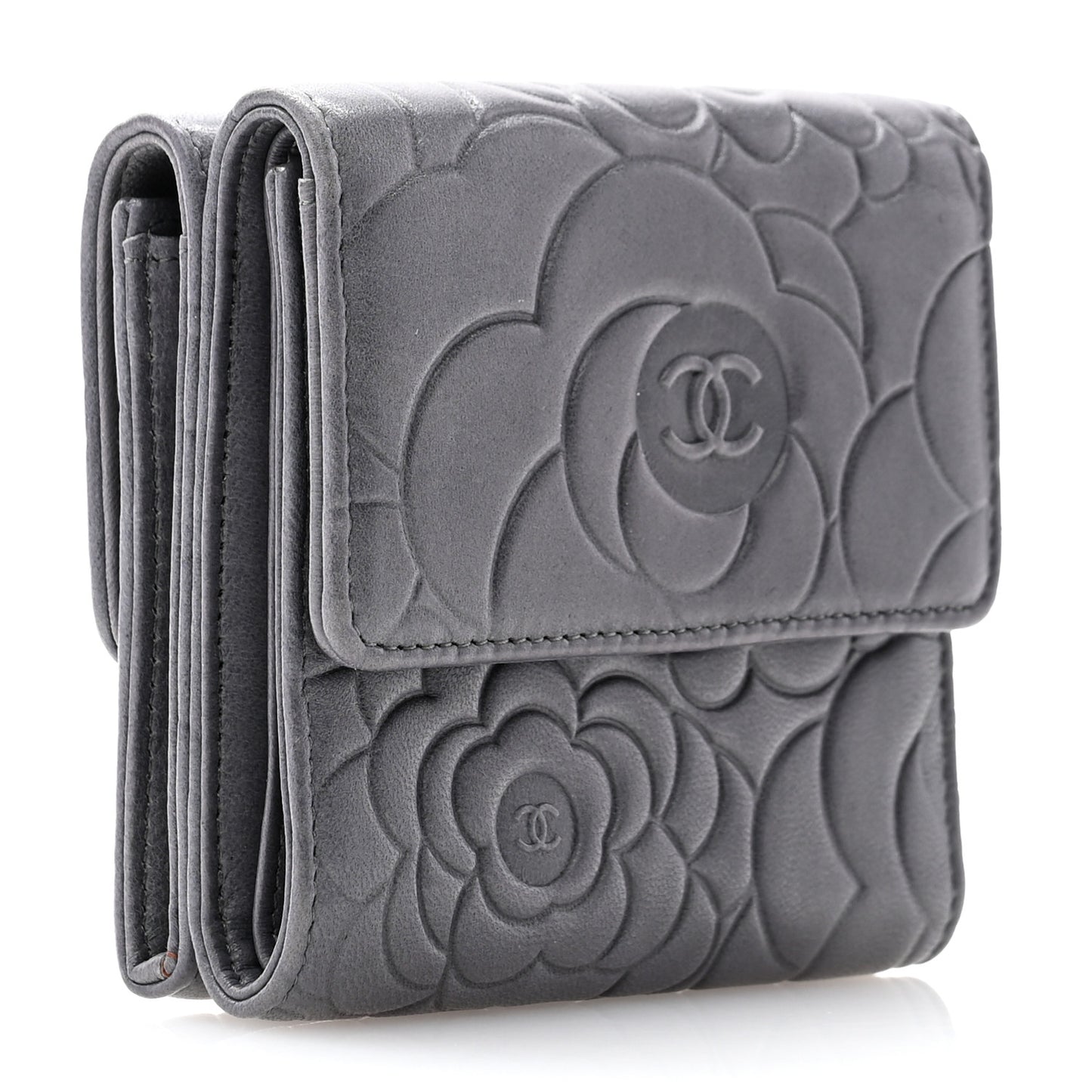 Lambskin Camellia Embossed Small Double Wallet Grey