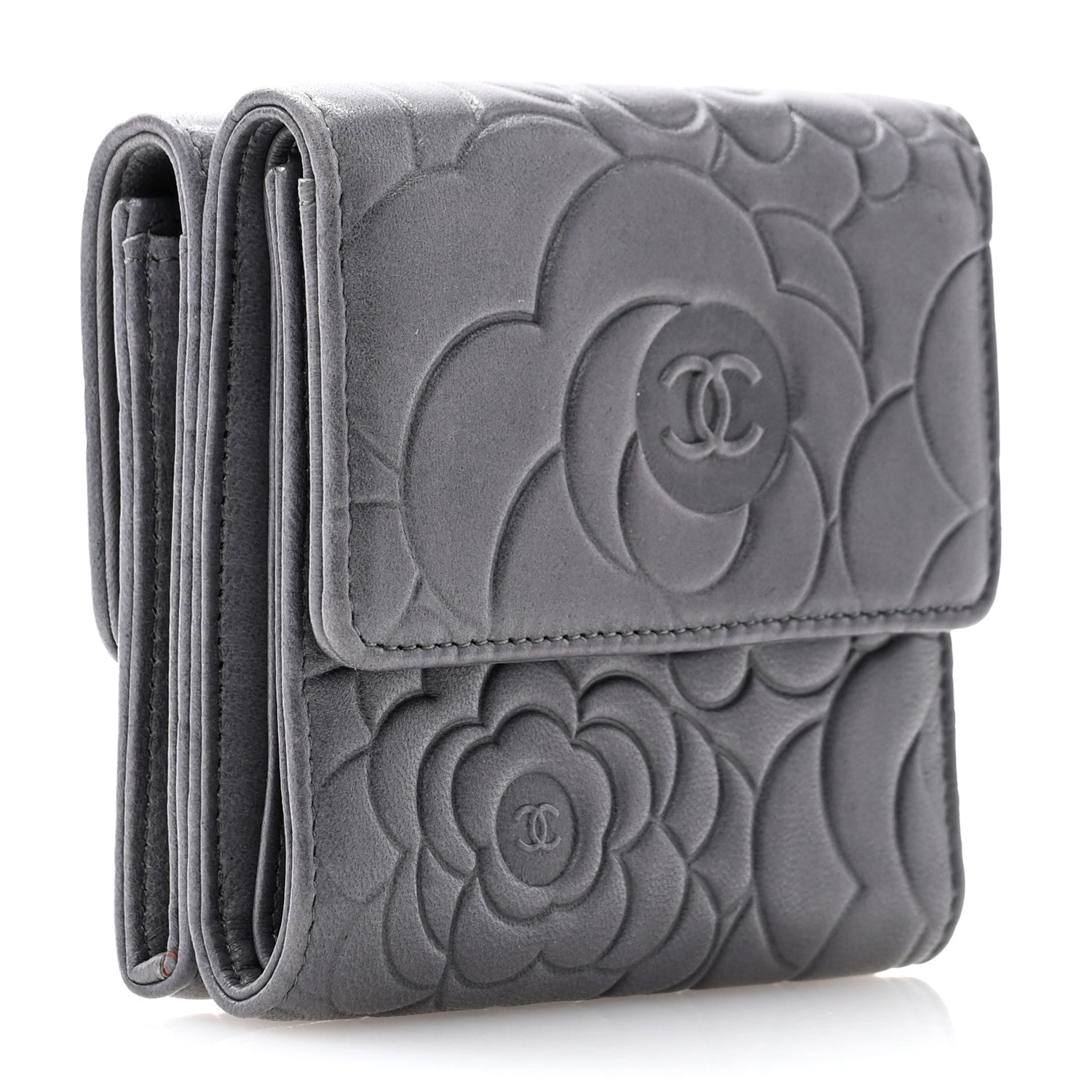 Chanel Lambskin Camellia Embossed Small Double Wallet Grey 3 of 14