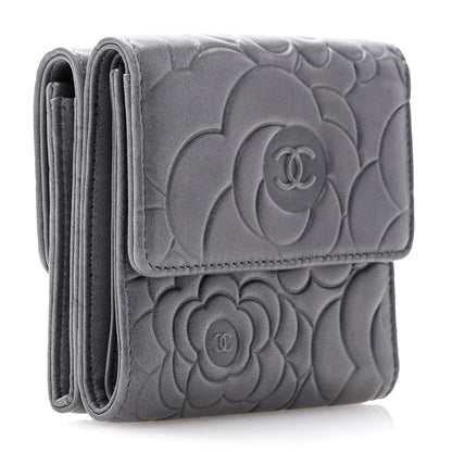 Chanel Lambskin Camellia Embossed Small Double Wallet Grey 3 of 14