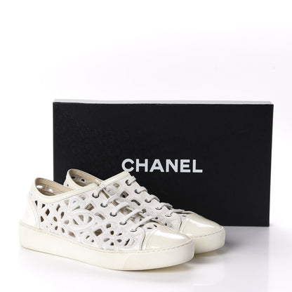 Chanel Patent Grained Goatskin Hollow Out Flower Sneakers 39 White 11 of 11