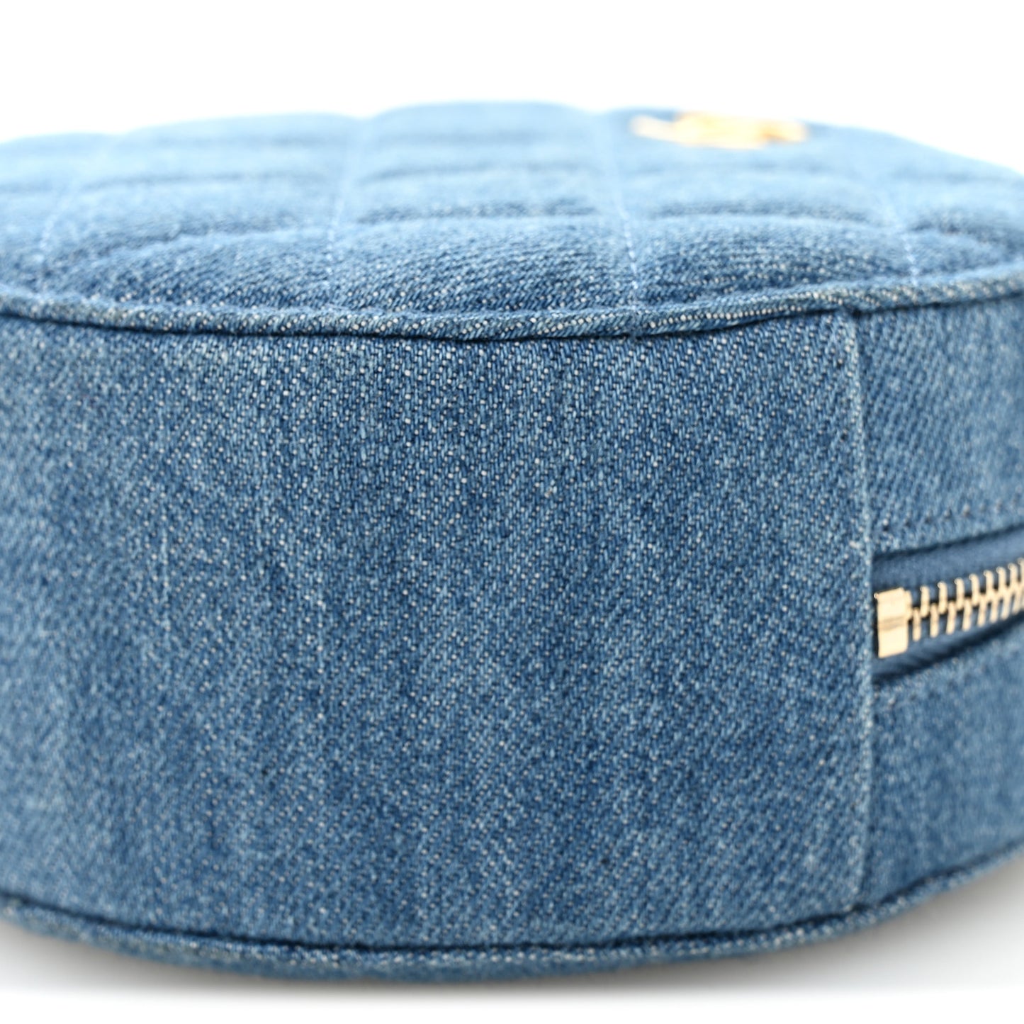 Denim Quilted Round Pearl Crush Clutch With Chain Blue
