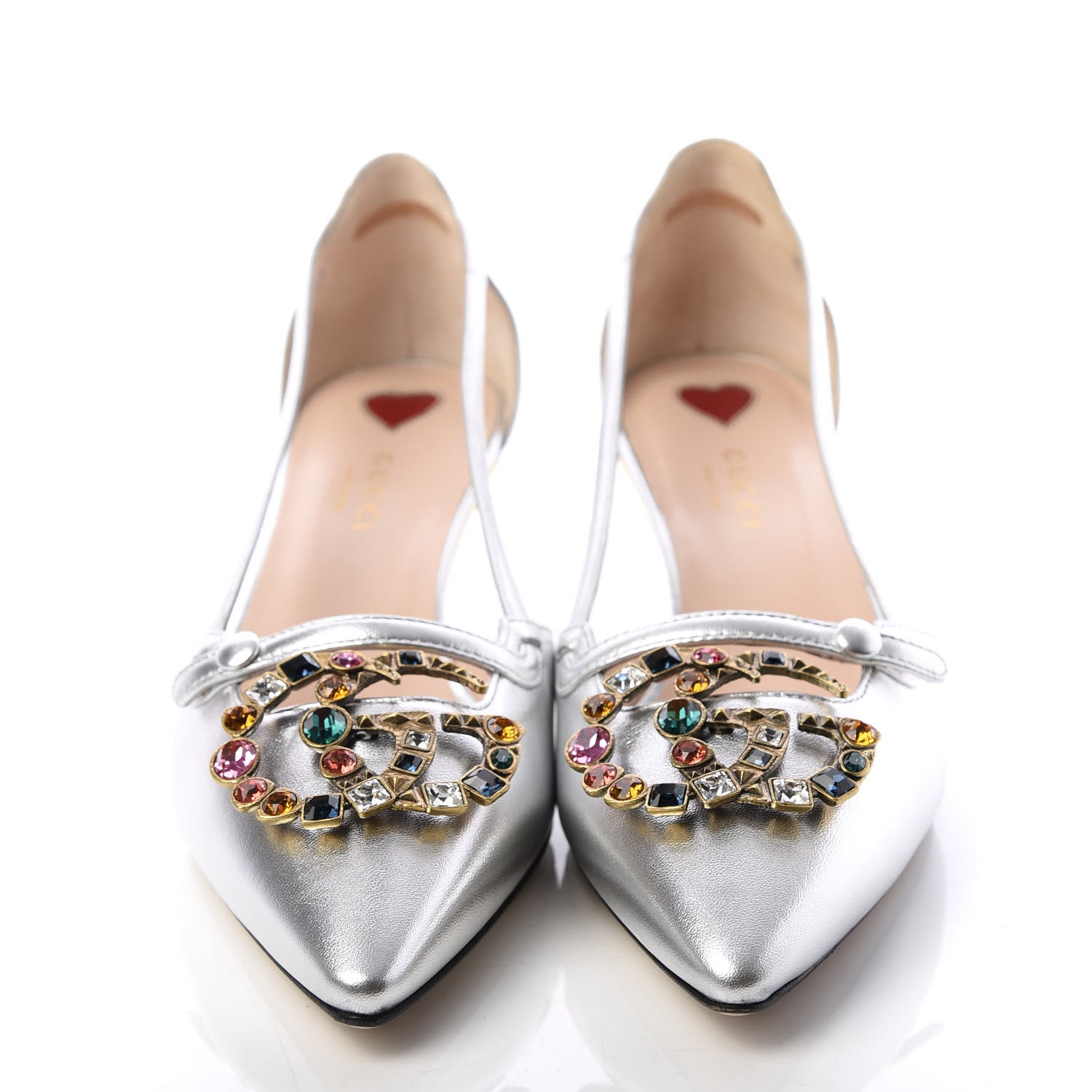 Gucci Metallic Nappa Bamboo Crystal Double G Low Heel Pumps 38 Argento 2 of 10