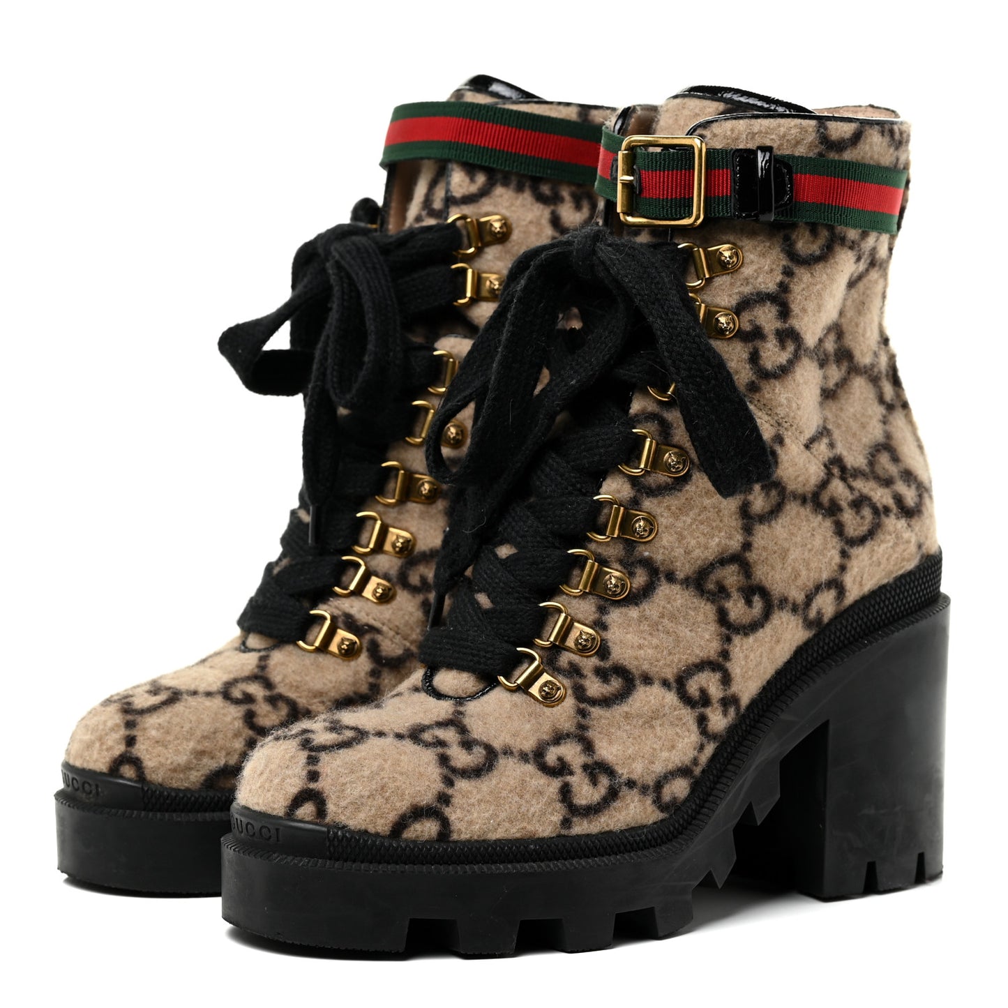 Covered Wool GG Monogram Womens Lace Up Combat Ankle Boots 38 Beige Ebony Black