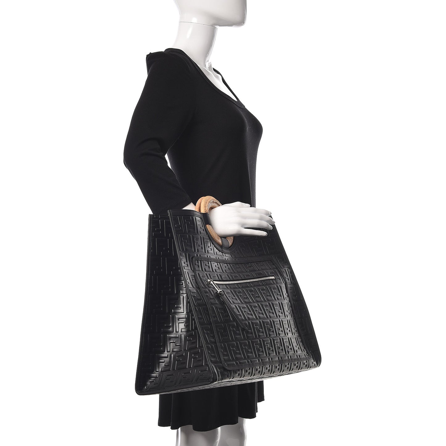 Vitello Century Wicker FF 1974 Embossed Large Runaway Shopper Tote Black