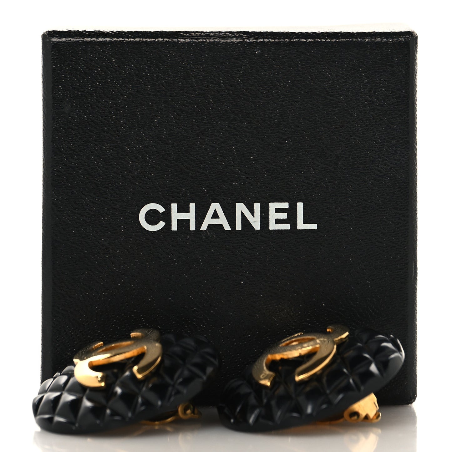 Enamel Quilted CC Clip On Earrings Black Gold