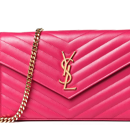 Saint Laurent Grain De Poudre Matelasse Chevron Monogram Chain Wallet Bubblegum 8 of 12