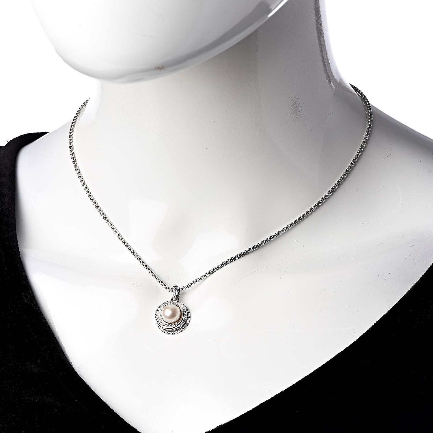 David Yurman Sterling Silver Diamond Pearl 8mm Crossover Pendant Necklace 2 of 4