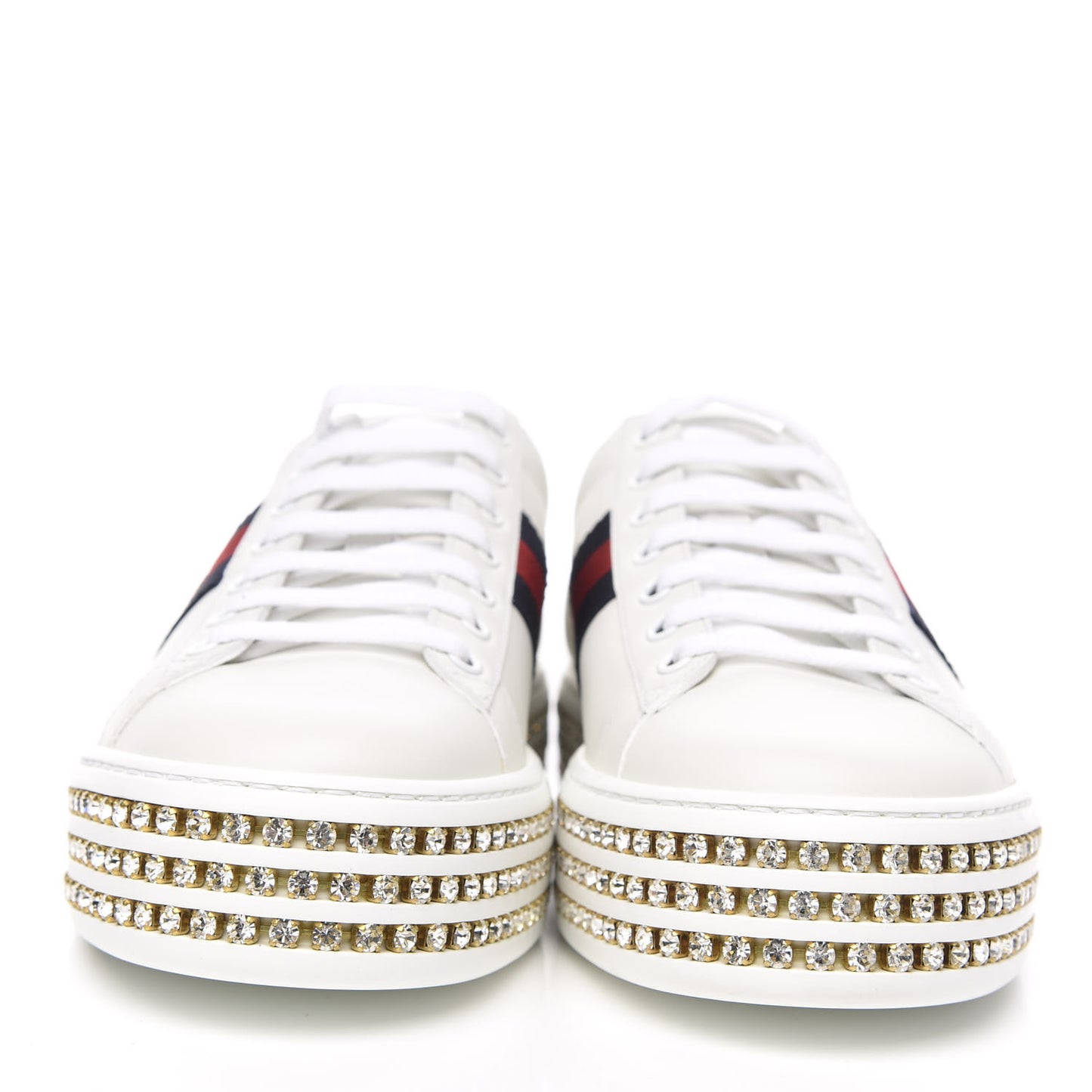 Calfskin Crystal Web Bee Embroidered Womens Ace Platform Sneakers 38.5 White
