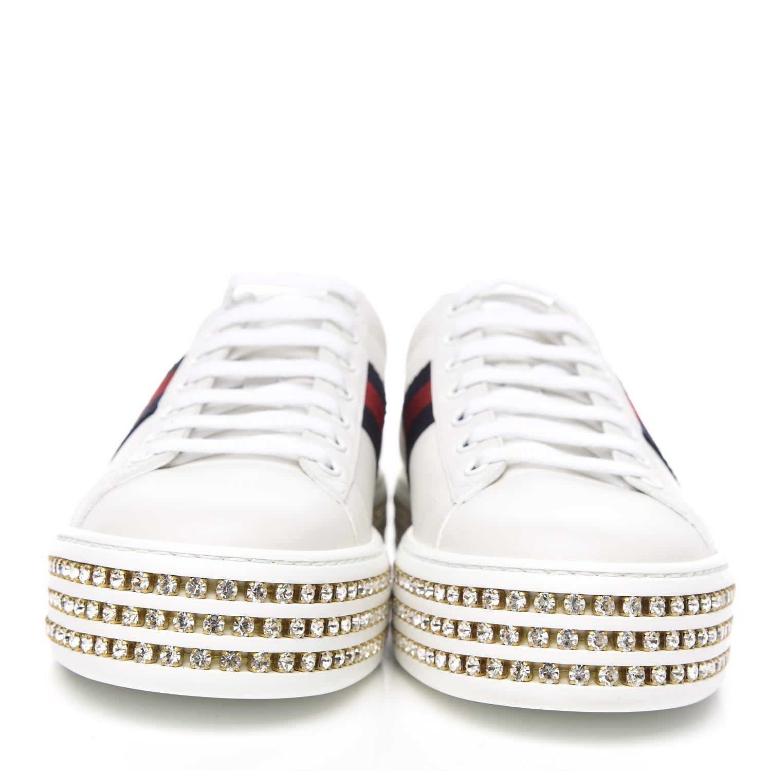 Gucci Calfskin Crystal Web Bee Embroidered Womens Ace Platform Sneakers 38.5 White 2 of 9