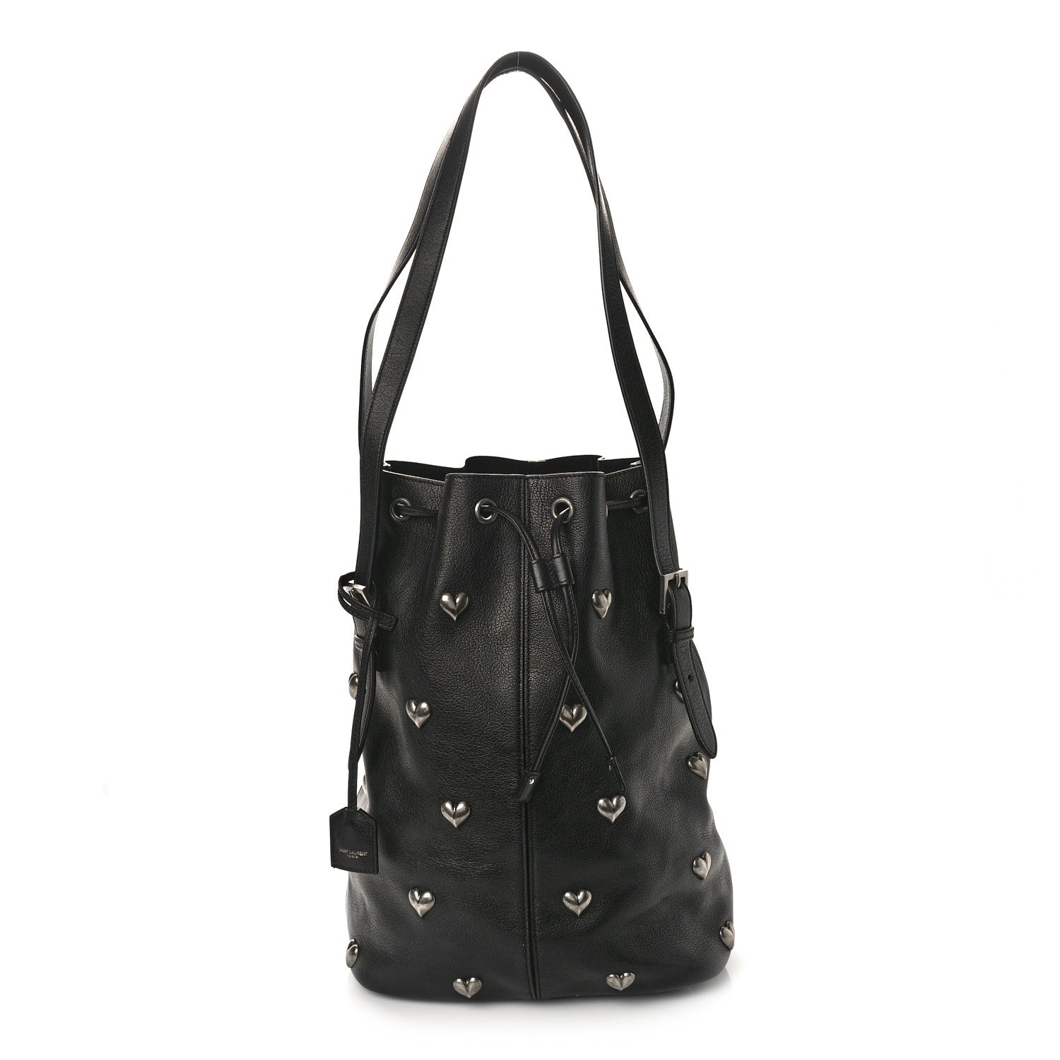 Saint Laurent Lambskin Medium Heart Studded Riva Bucket Bag Black 3 of 9