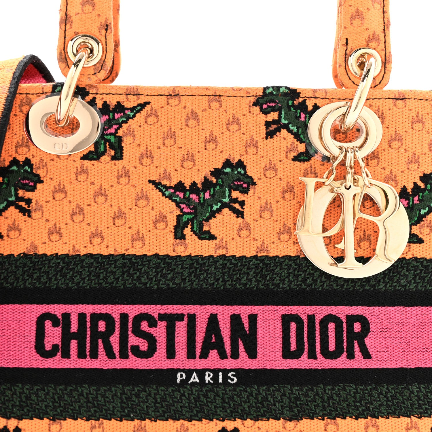 Christian Dior Canvas Embroidered Dino Medium Lady D-Lite Orange