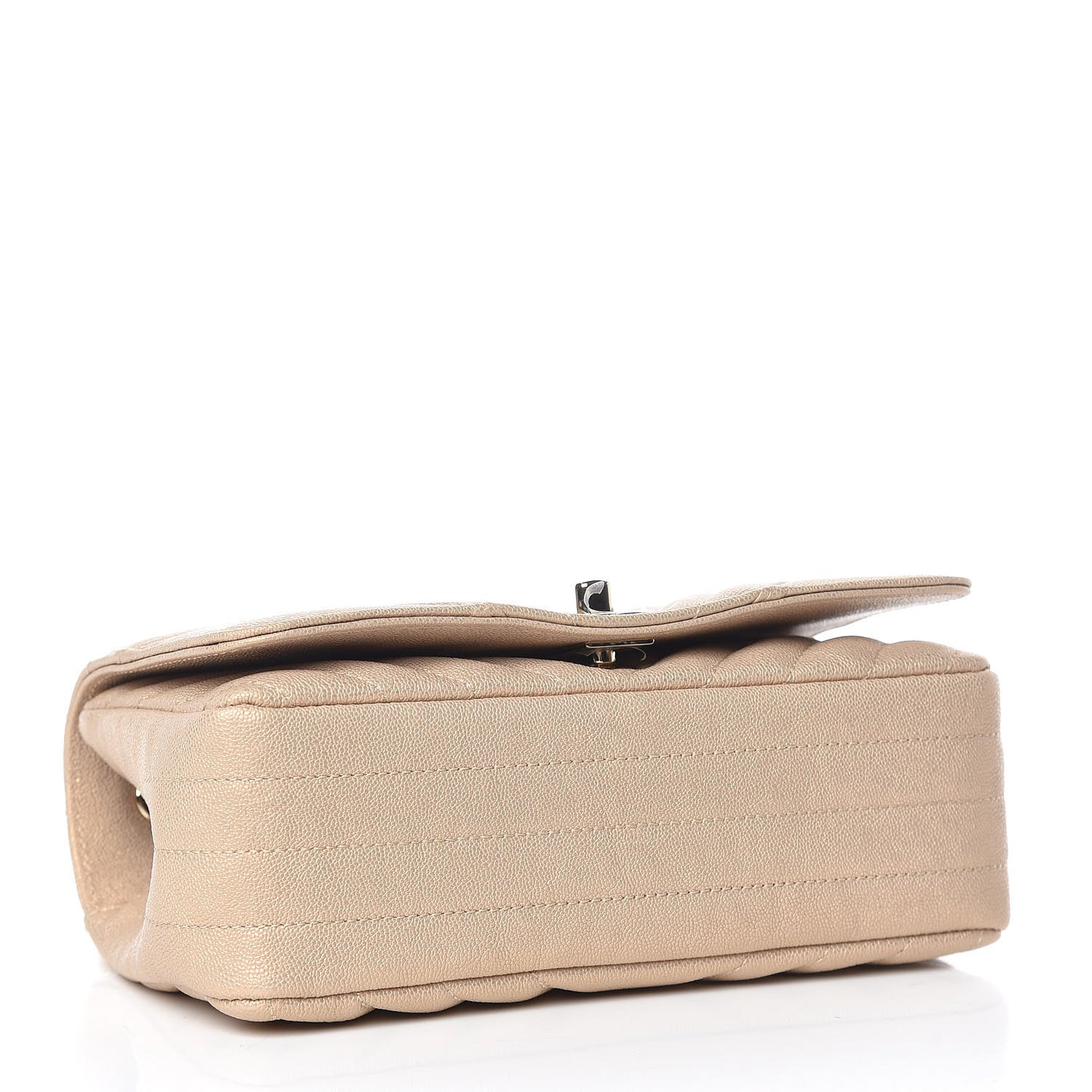 Metallic Caviar Chevron Quilted Mini Statement Flap Beige