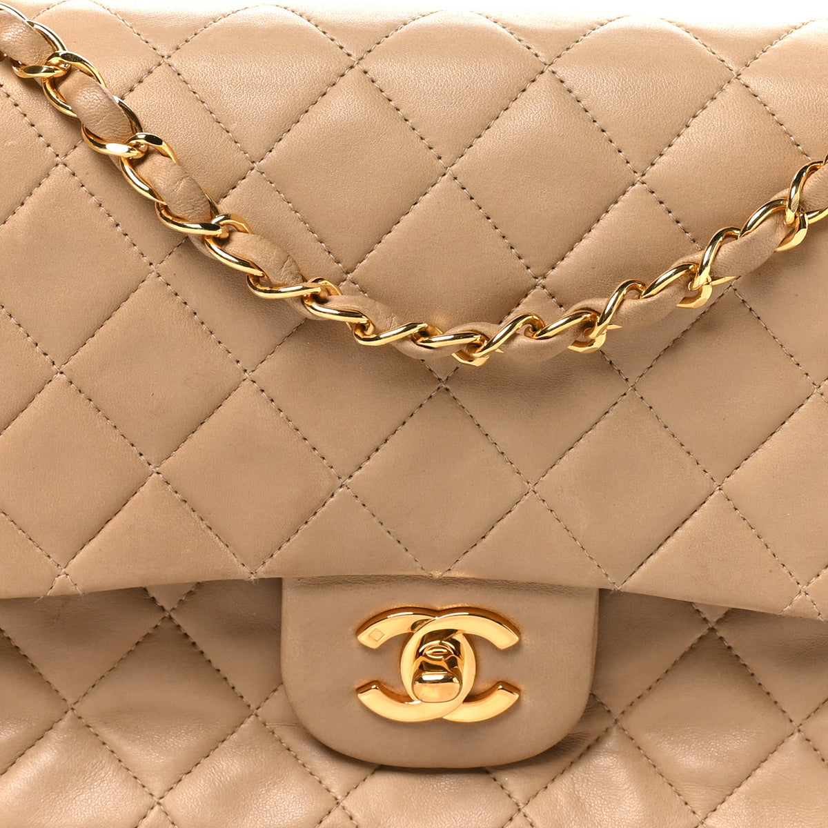 Lambskin Quilted Medium Double Flap Beige
