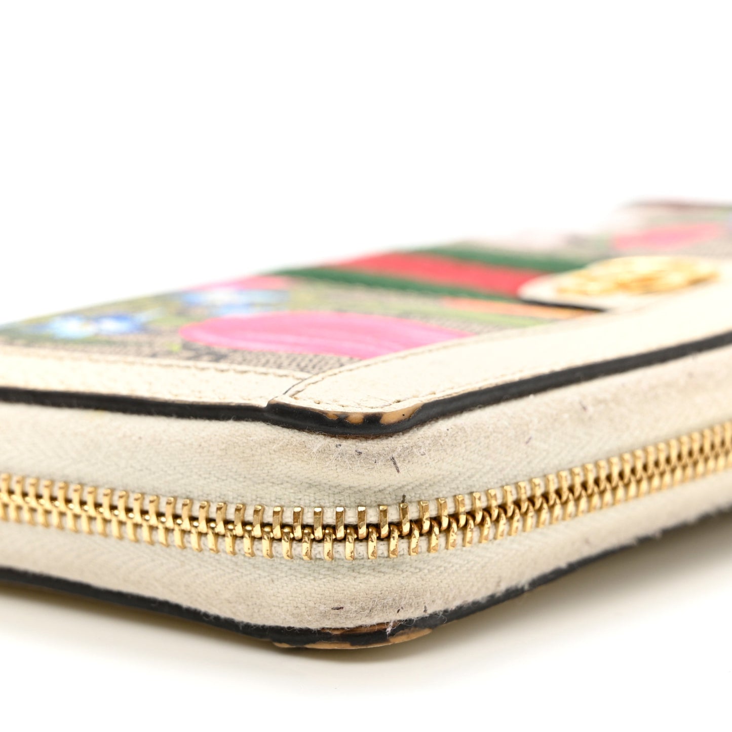 GG Supreme Monogram Flora Ophidia Zip Around Wallet White