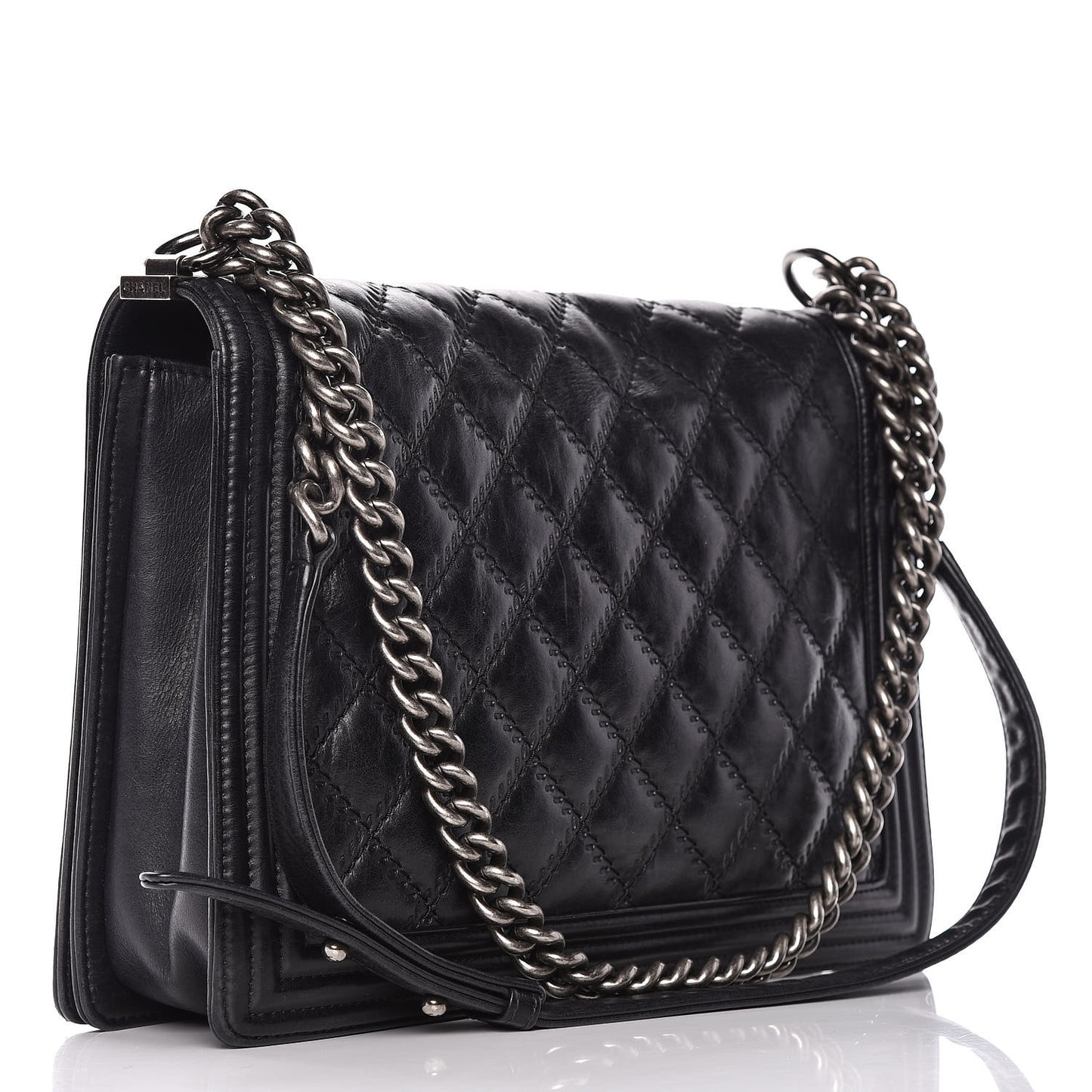 Calfskin Embossed Stitch Large Boy Flap Black