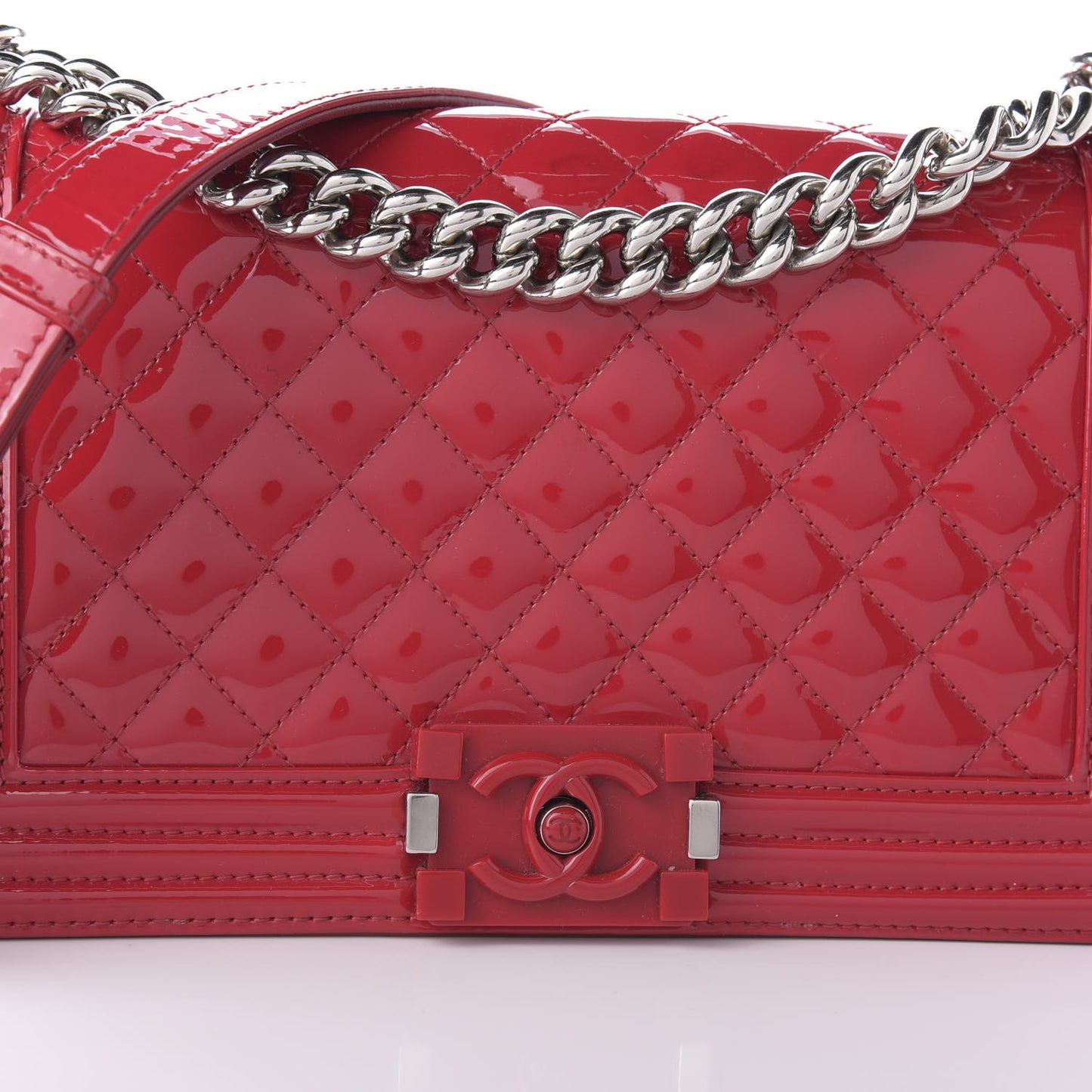 Patent Calfskin Quilted Medium Plexiglass Boy Flap Red