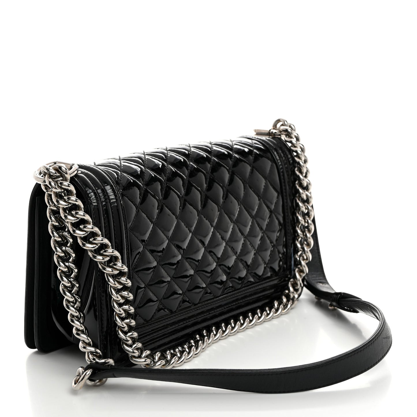 Distressed Patent Quilted Medium Boy Flap Black