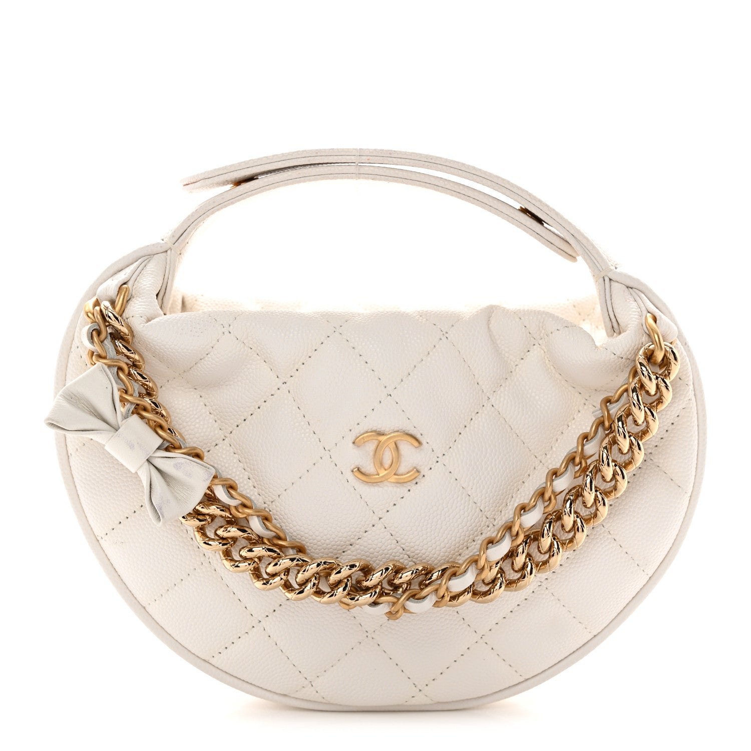 Chanel Shiny Caviar Quilted Bow Pouch Hobo White 1 of 13